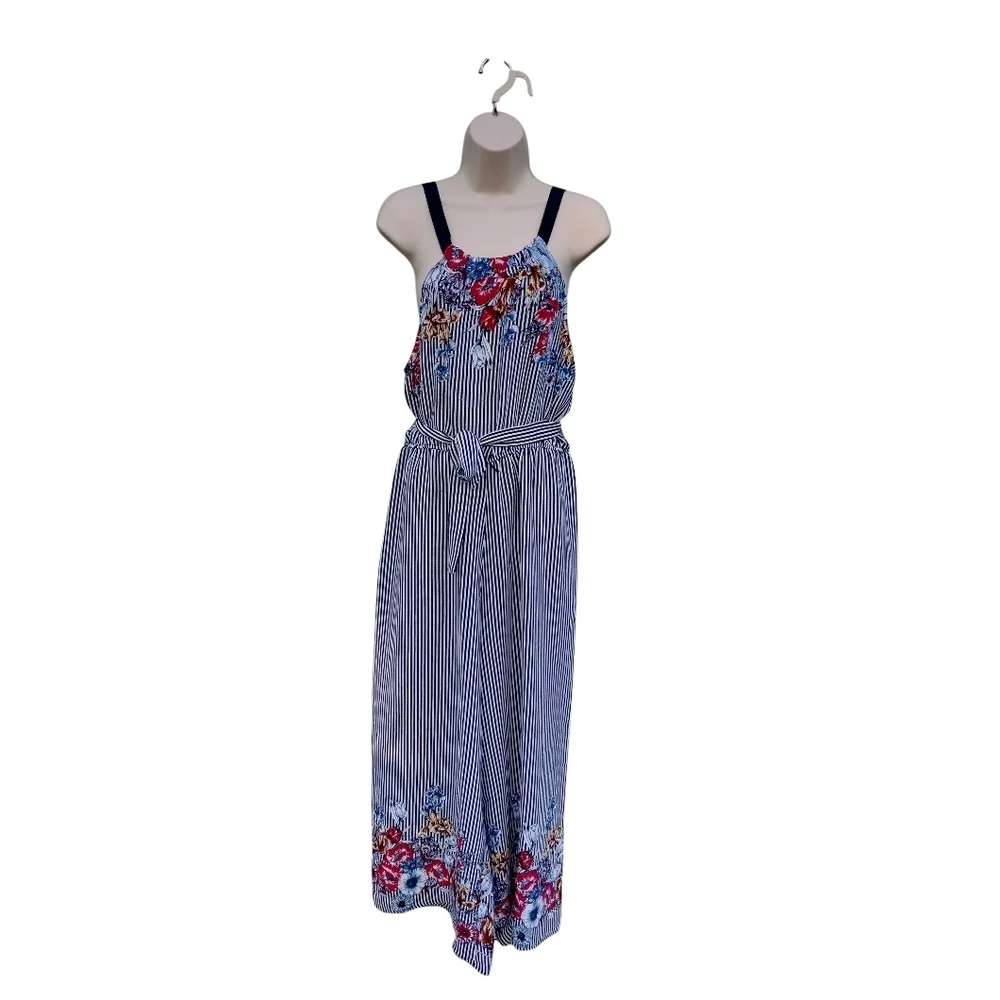 Sequin Hearts Blue Striped Floral Polyester Jumpsuit Size L - Picture 2 of 8